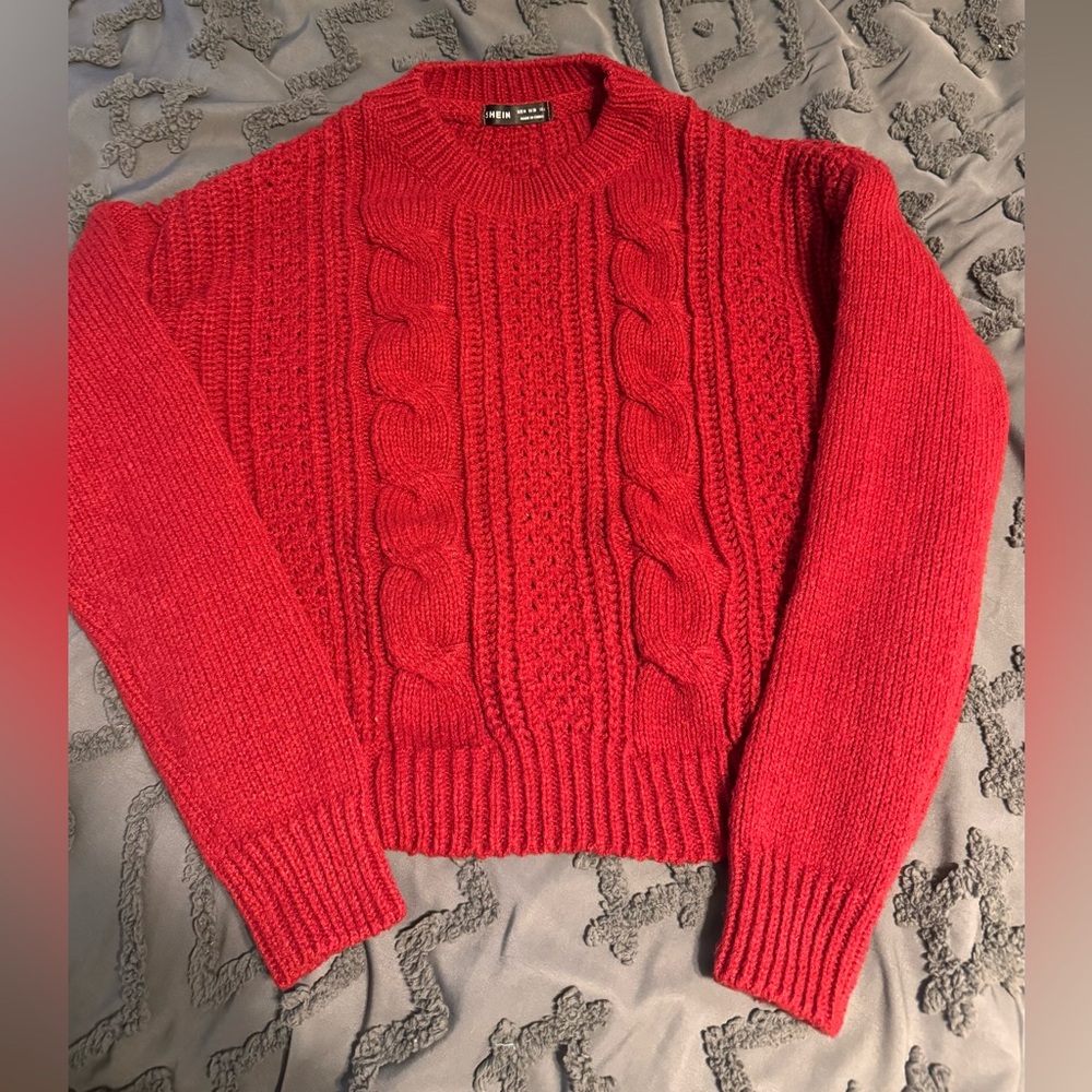 SHEIN Red Cable Knit Crewneck Sweater